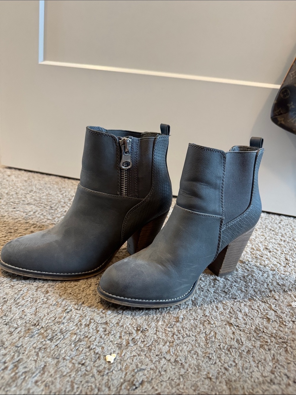 Aldo Charcoal Gray Leather Ankle Booties with Block Heel